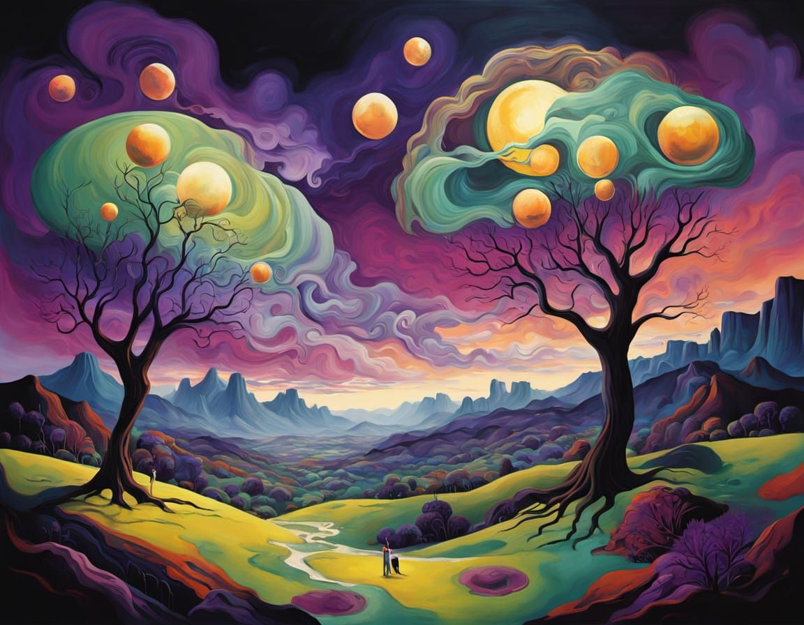 Surreal Dreamscape with Melting Clocks and Vibrant Colors