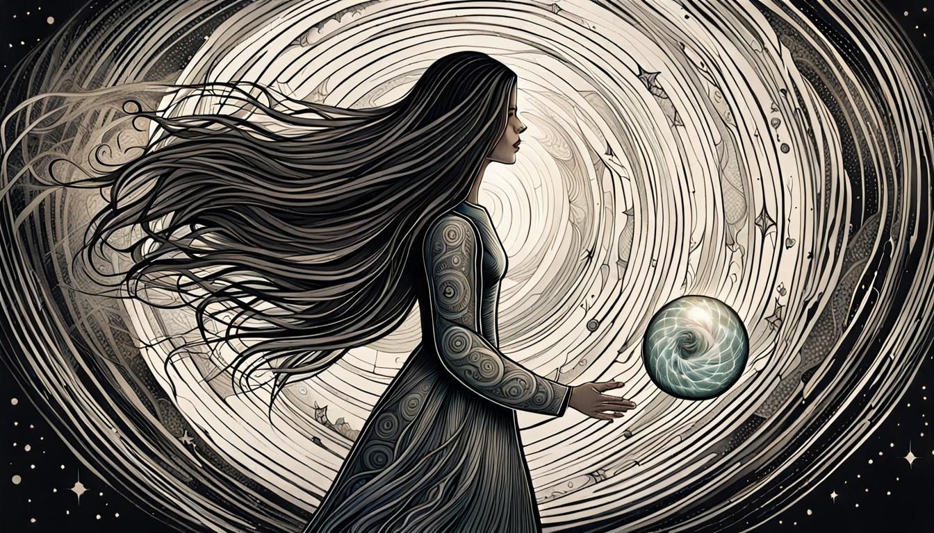 Woman Holding Nucleus in Surreal Watercolor Art