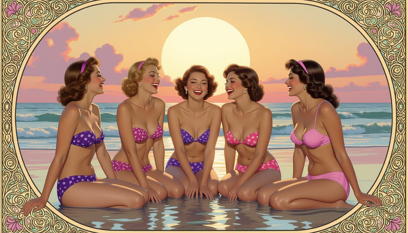 Elegant Beach Scene in Art Nouveau Style