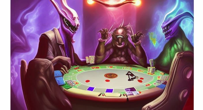Alien Demons Play Poker: Hyperrealistic Splash Art