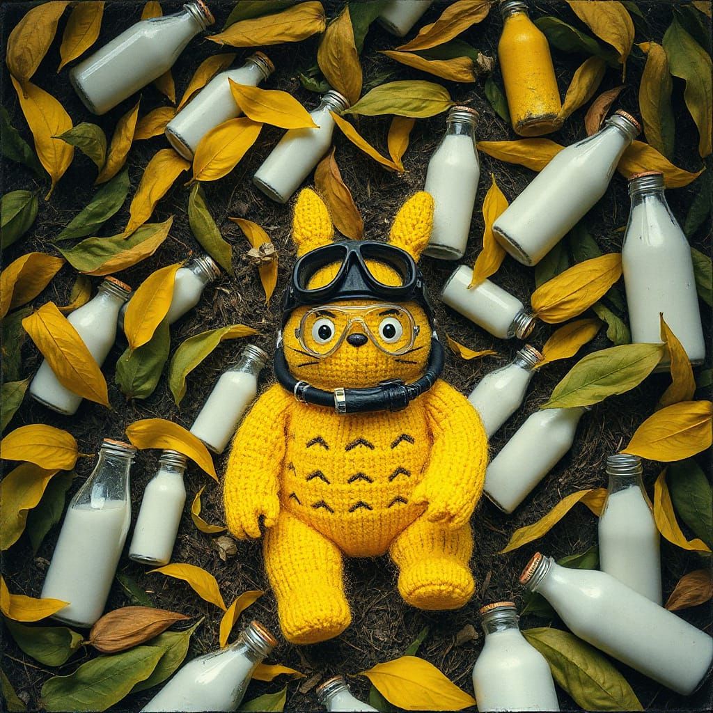 Knitted Totoro Diver in Abstract Expressionist Dreamscape