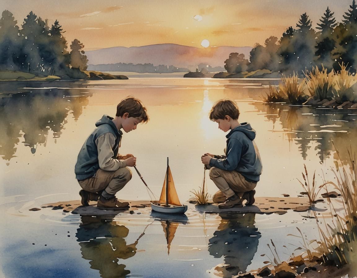 Boy Launches Toy Boat on Lake: Watercolour Painting