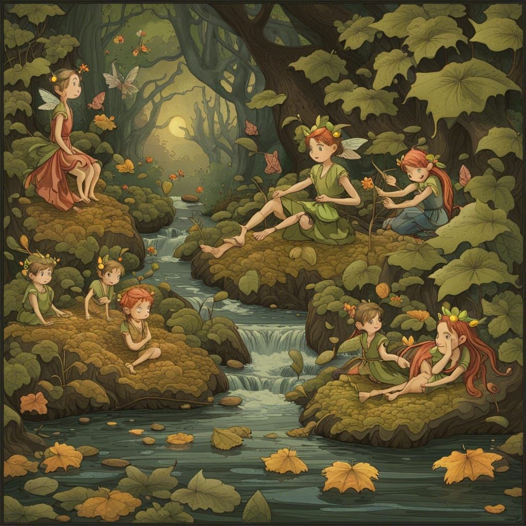 Elves and Fairies Drifting on Leaves