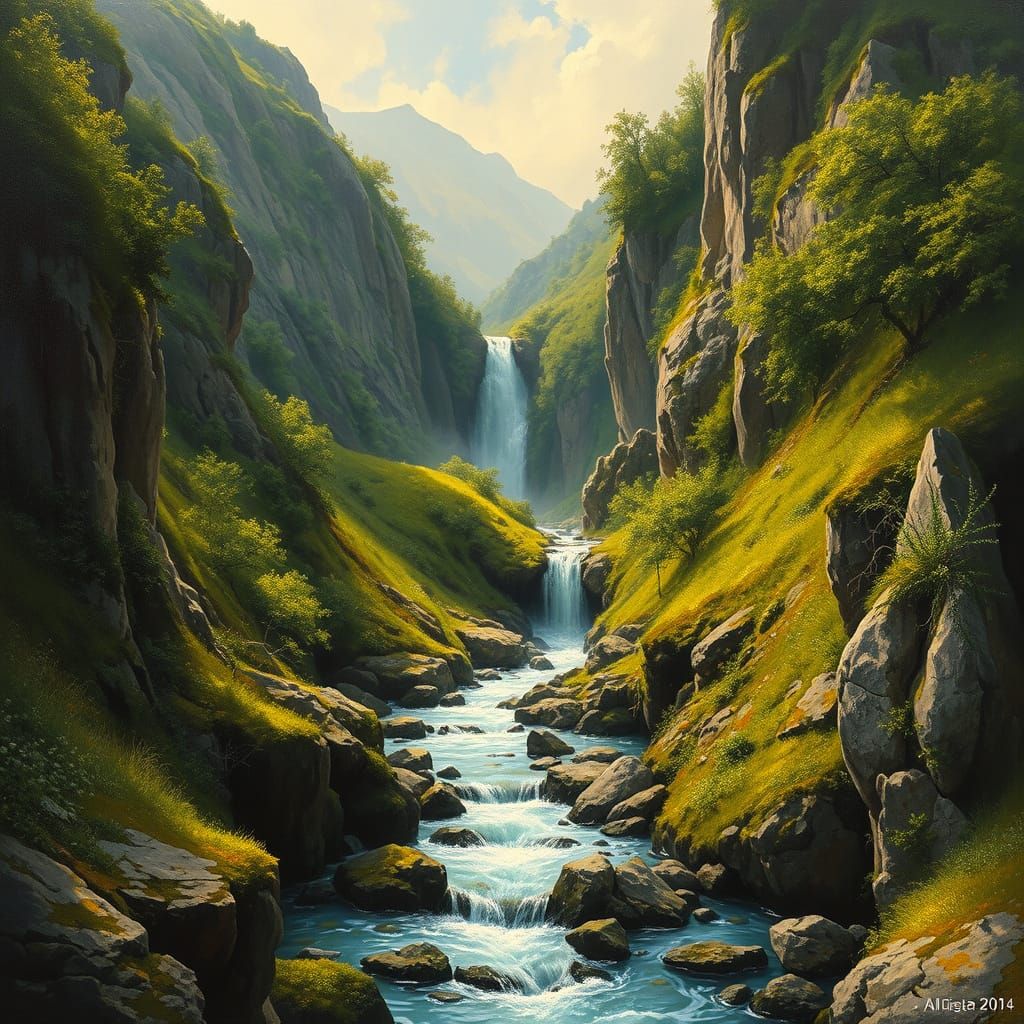 Mountain Stream Waterfall in Renaissance Impasto Style