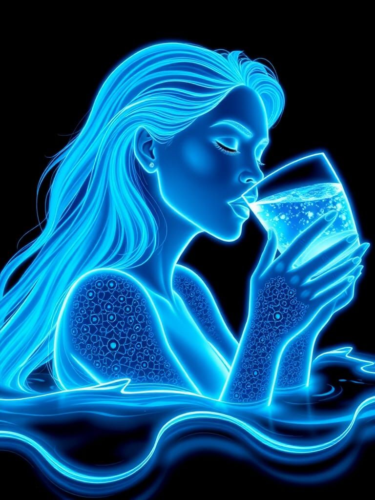 Woman in Fractal Universe Drinks from Glass in Neon Glow