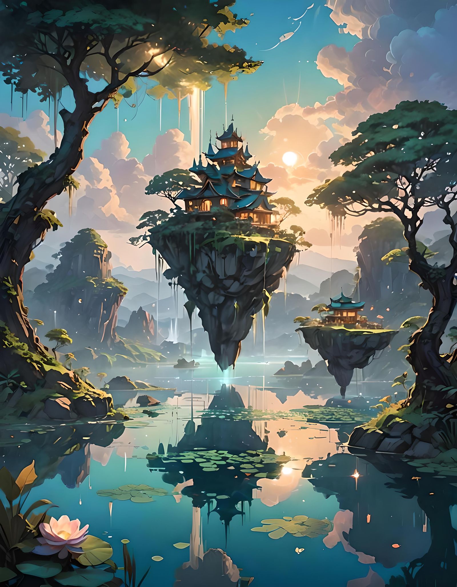 Floating Islands Reflect in Tranquil Lake