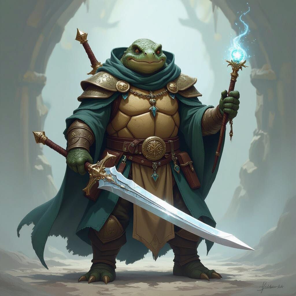 Old Tortle Bladesinger Mage with Wand and Sword