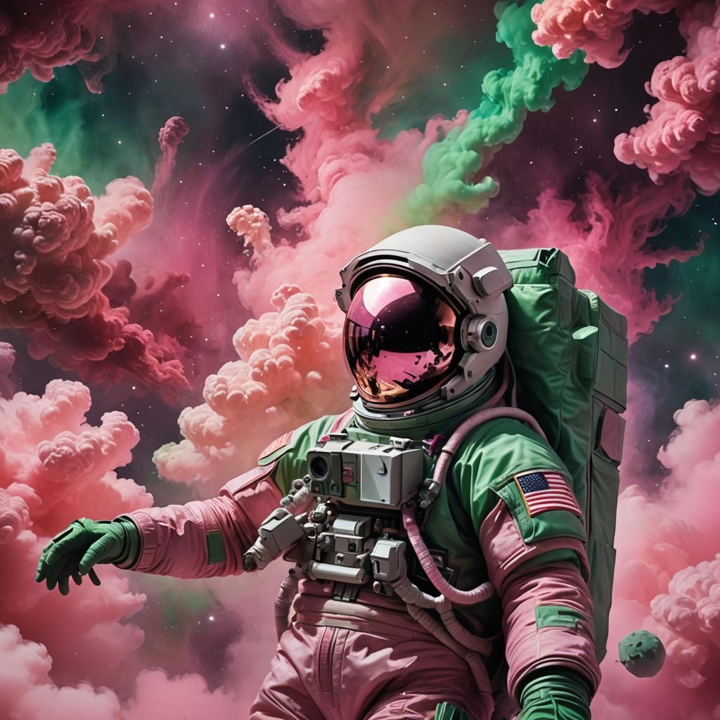 Astronaut in Space with Pink and Green Hues