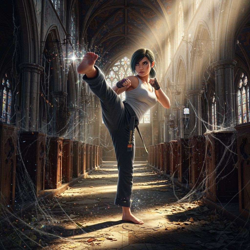Jade Delivers Powerful Karate Kick in Gothic Church