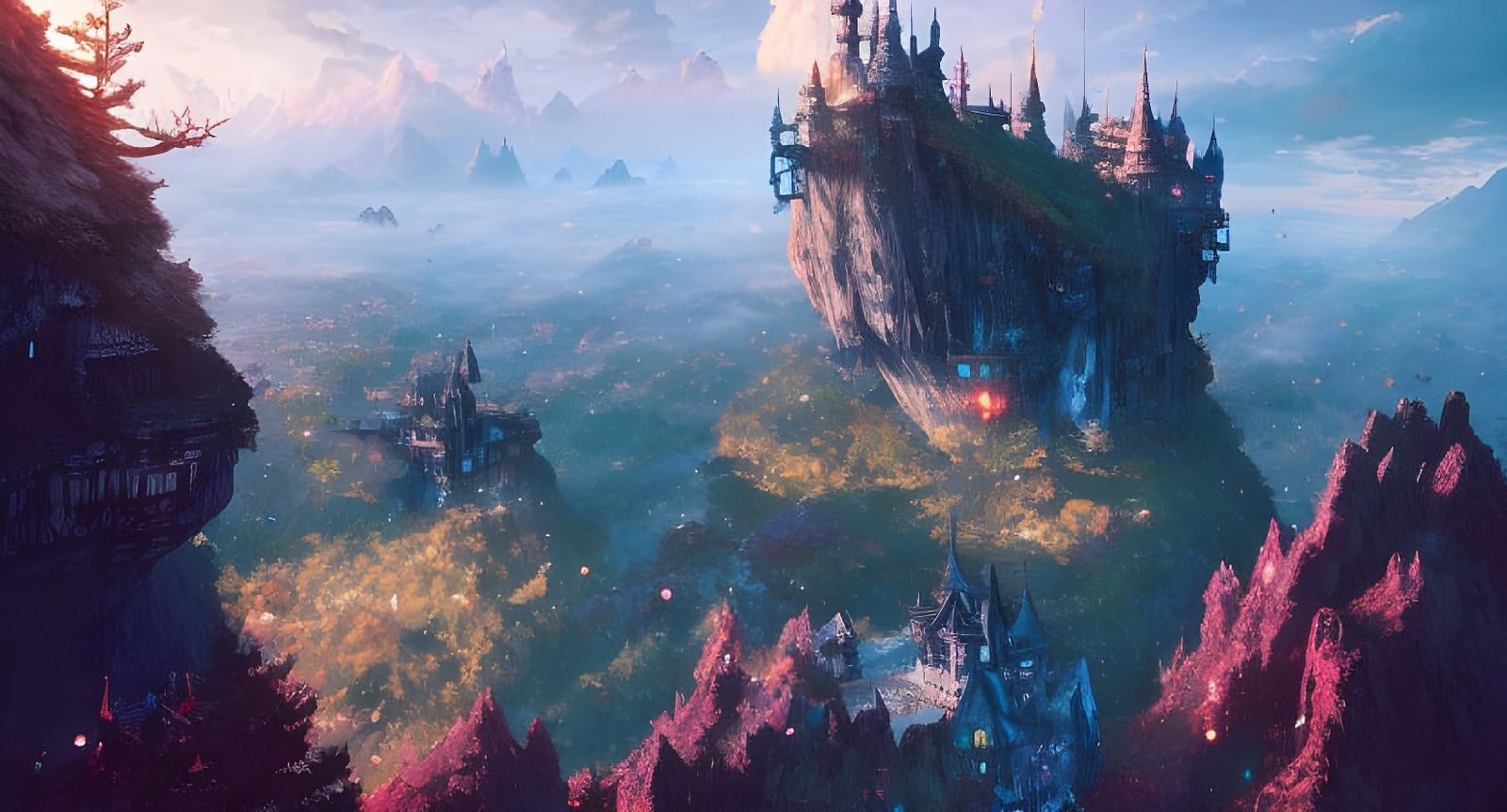 Fantasy Castle on Mountain Digital Illustration