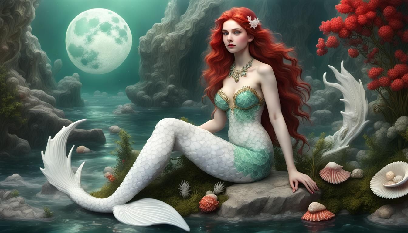 Marble Mermaid in Narnia with Ornate Glass Moon