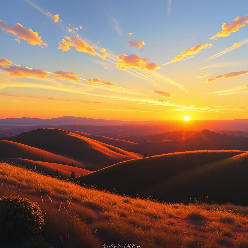 Golden Sunset Landscape with Rolling Hills