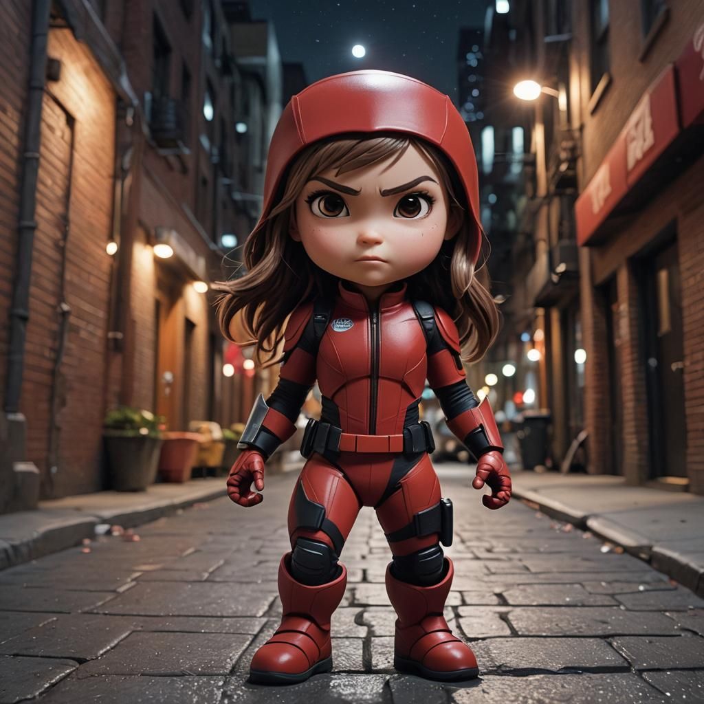 Chibi Elektra in City Alley, Pixar Style
