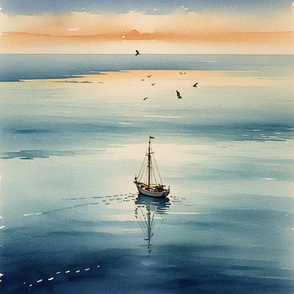 Minimalist Watercolor Fishing Cutter in Calm Ocean