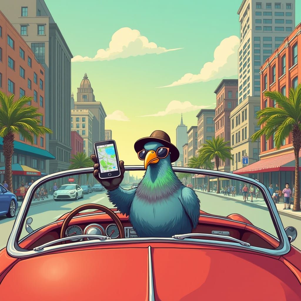 Pigeon Driver Cruises City Streets in Whimsical Waze Delight