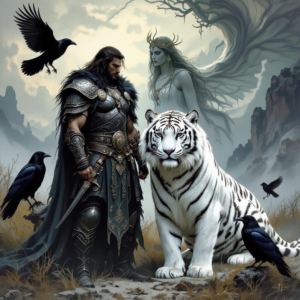 Celtic Warrior and Siberian Tiger in Dark Fantasy Style
