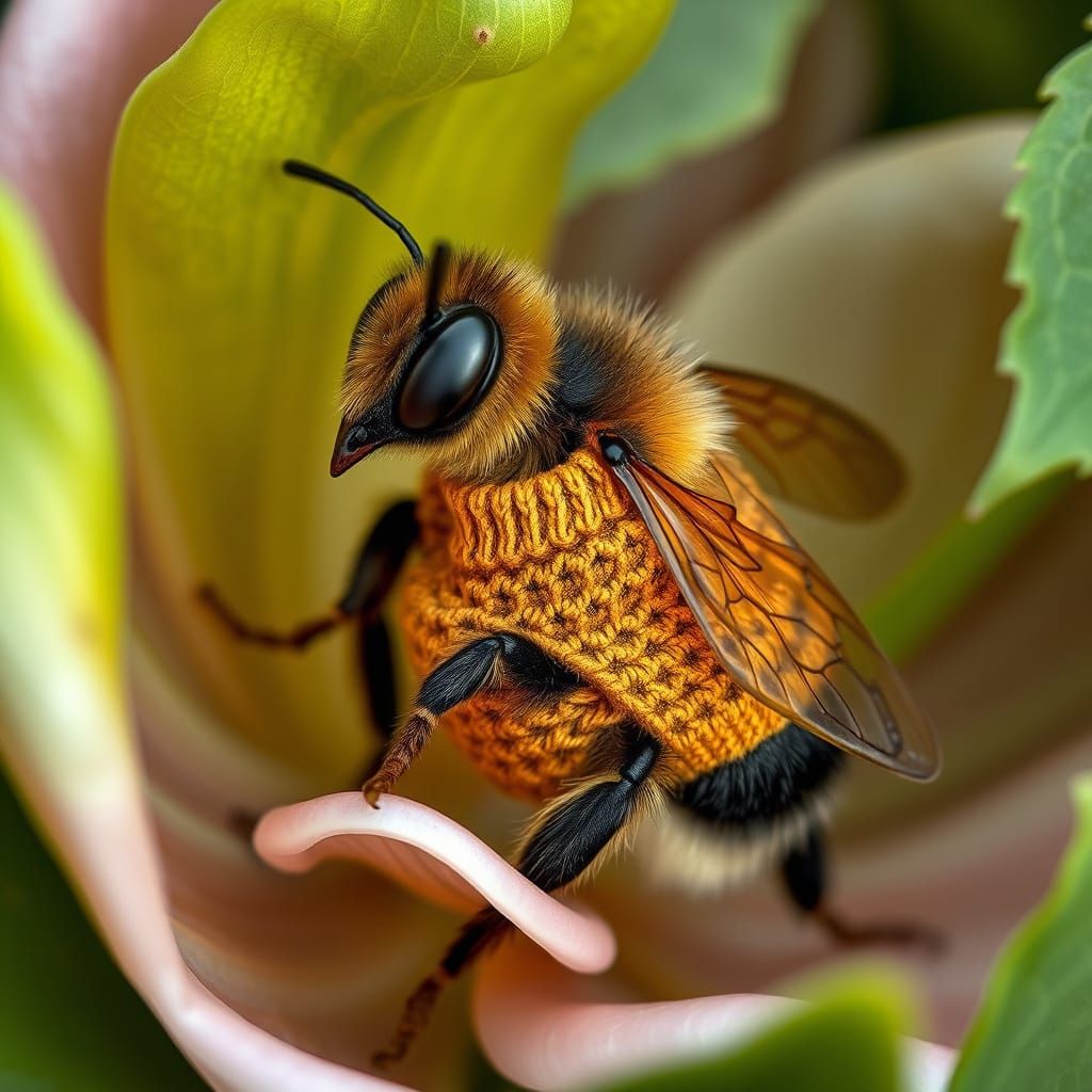 Sleepy Bee in Honeycomb Sweater: Photorealistic Art