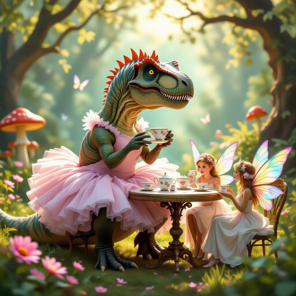 T-Rex Enjoys Tea Party with Faeries in Whimsical Fantasy Art