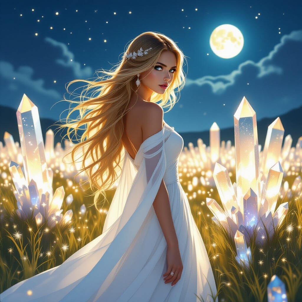 Ethereal Woman in Crystal Field, Dreamlike Digital Art