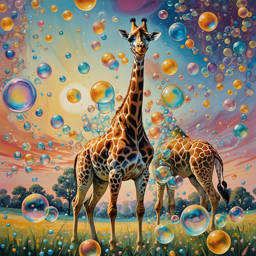 Giraffe Frolicking in a Dreamscape of Bubbles