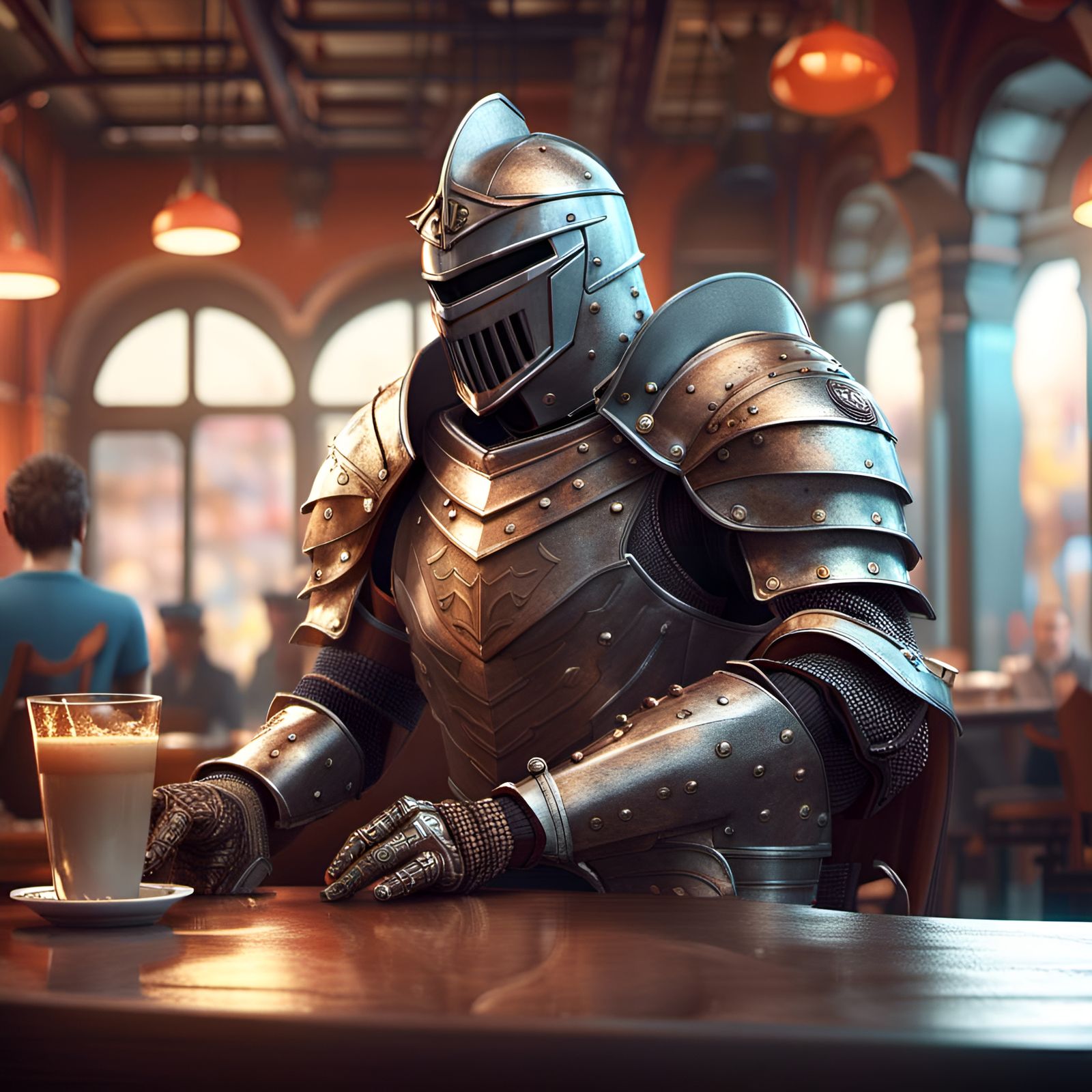 Armored Knight in Cafe: 3D Digital Art