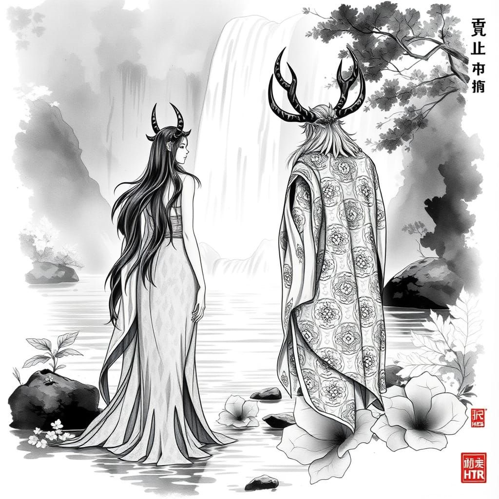 Ethereal Goddesses Amidst Nature's Splendor in Sumi Ink Anim...