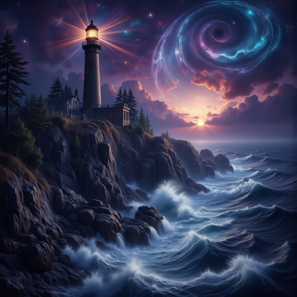 Ancient Lighthouse on Craggy Cliff Overlooking Turbulent Sea