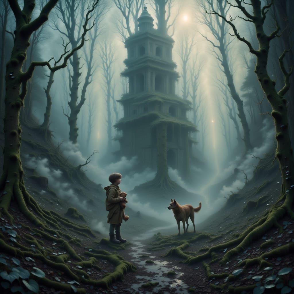 Boy with Teddy Bear in Ruined City