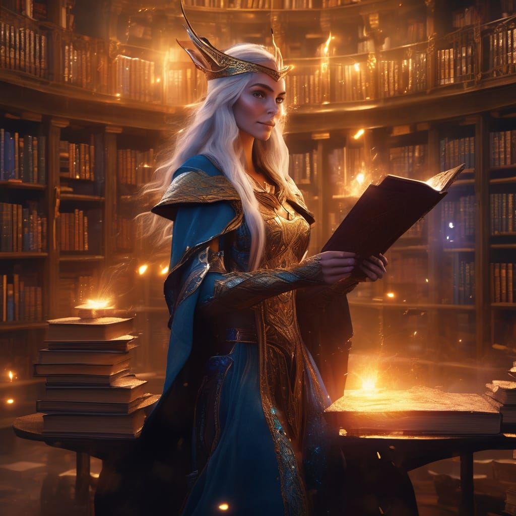 Enchanting Half-Elf Wizard in a Mystical Library