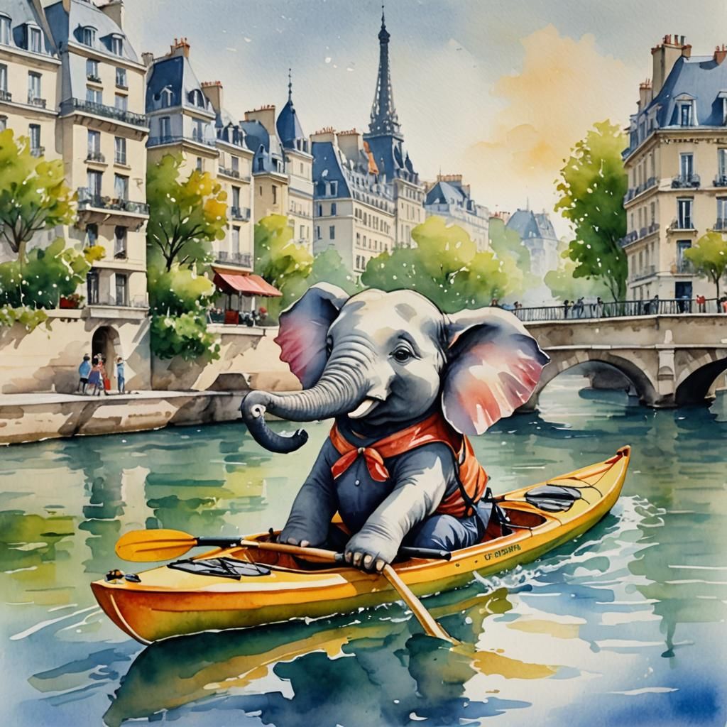 Joyful Elephant Kayaking in Paris Watercolor