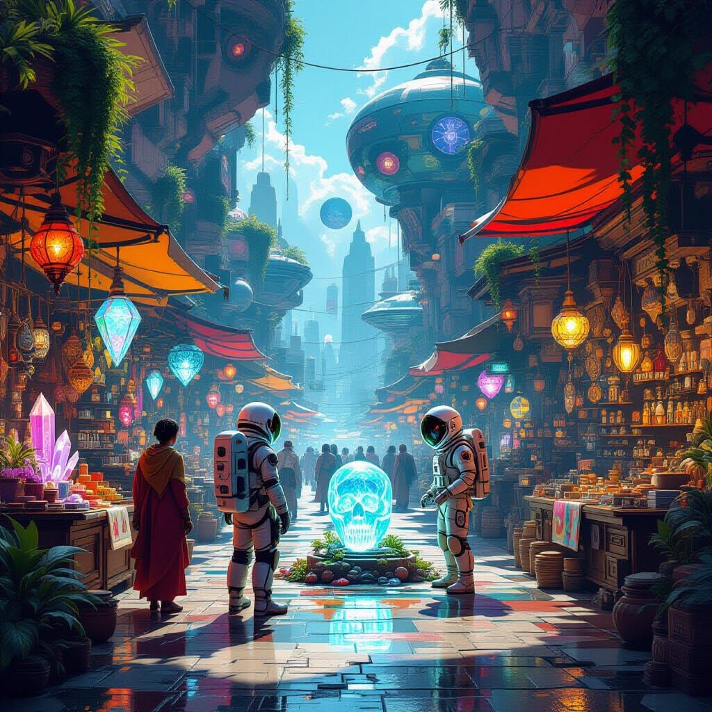 Alien Marketplace with Astronaut in Psychedelic Sci-Fi Style