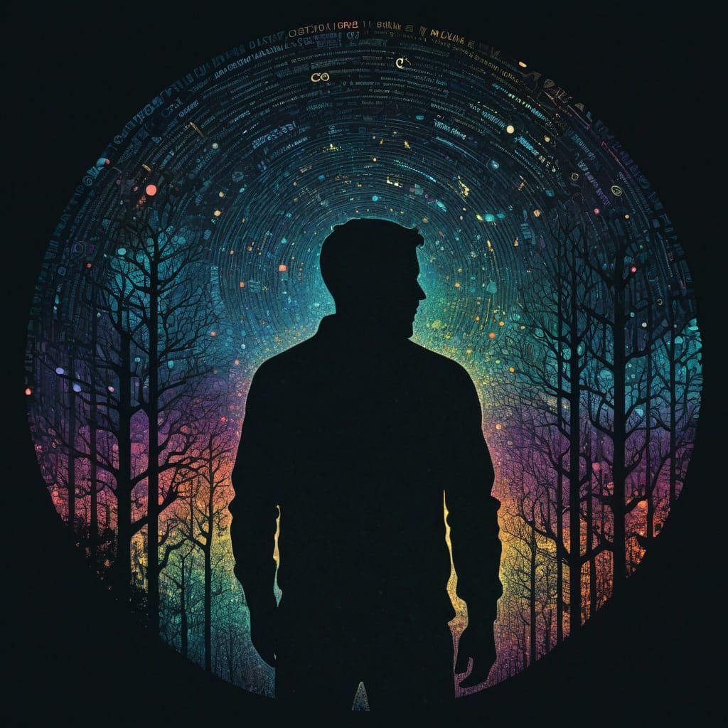 Ethereal Cosmic Silhouette in Binary Code Dreamscape