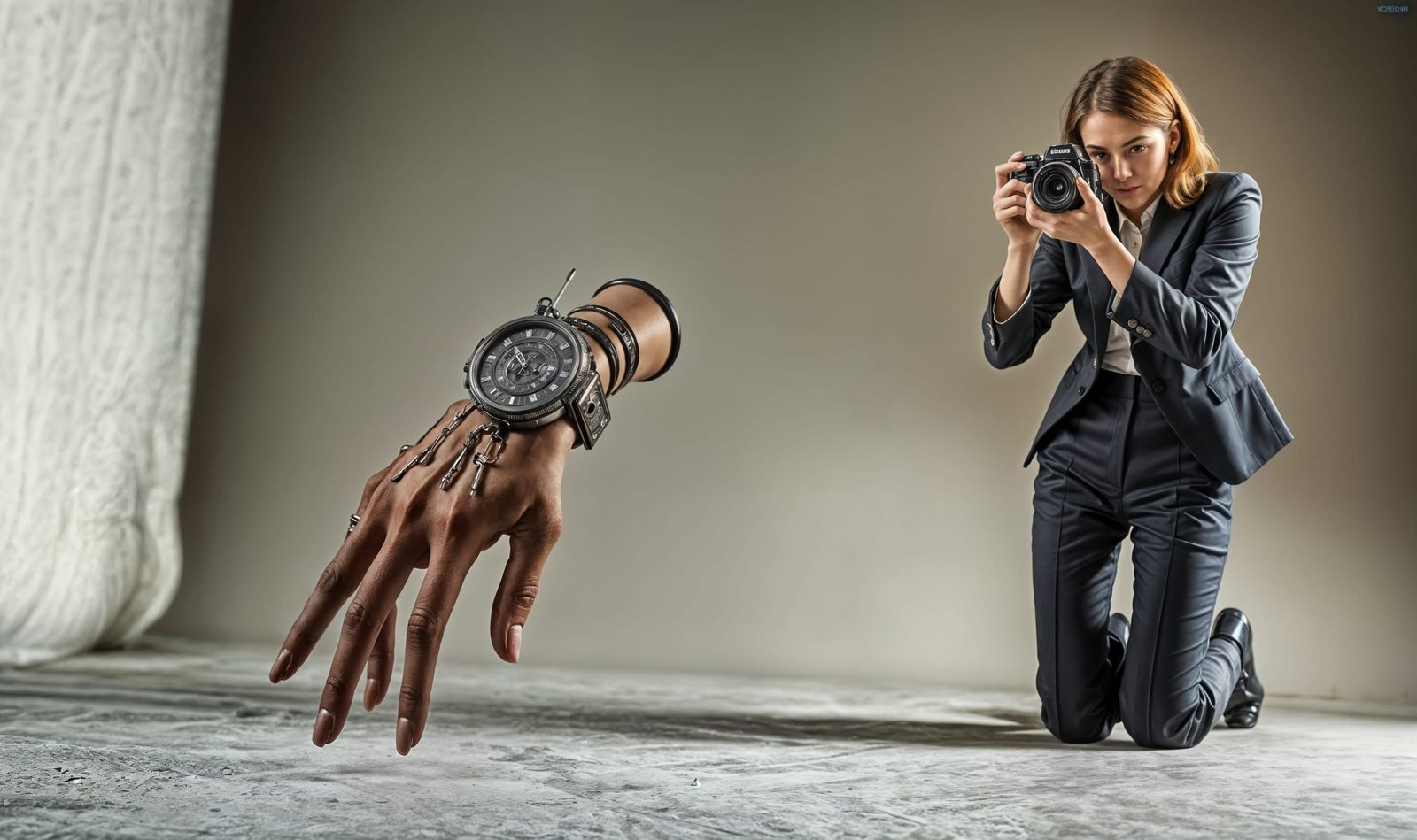 Steampunk Thing Hand Models Wristwatch in Photoshoot