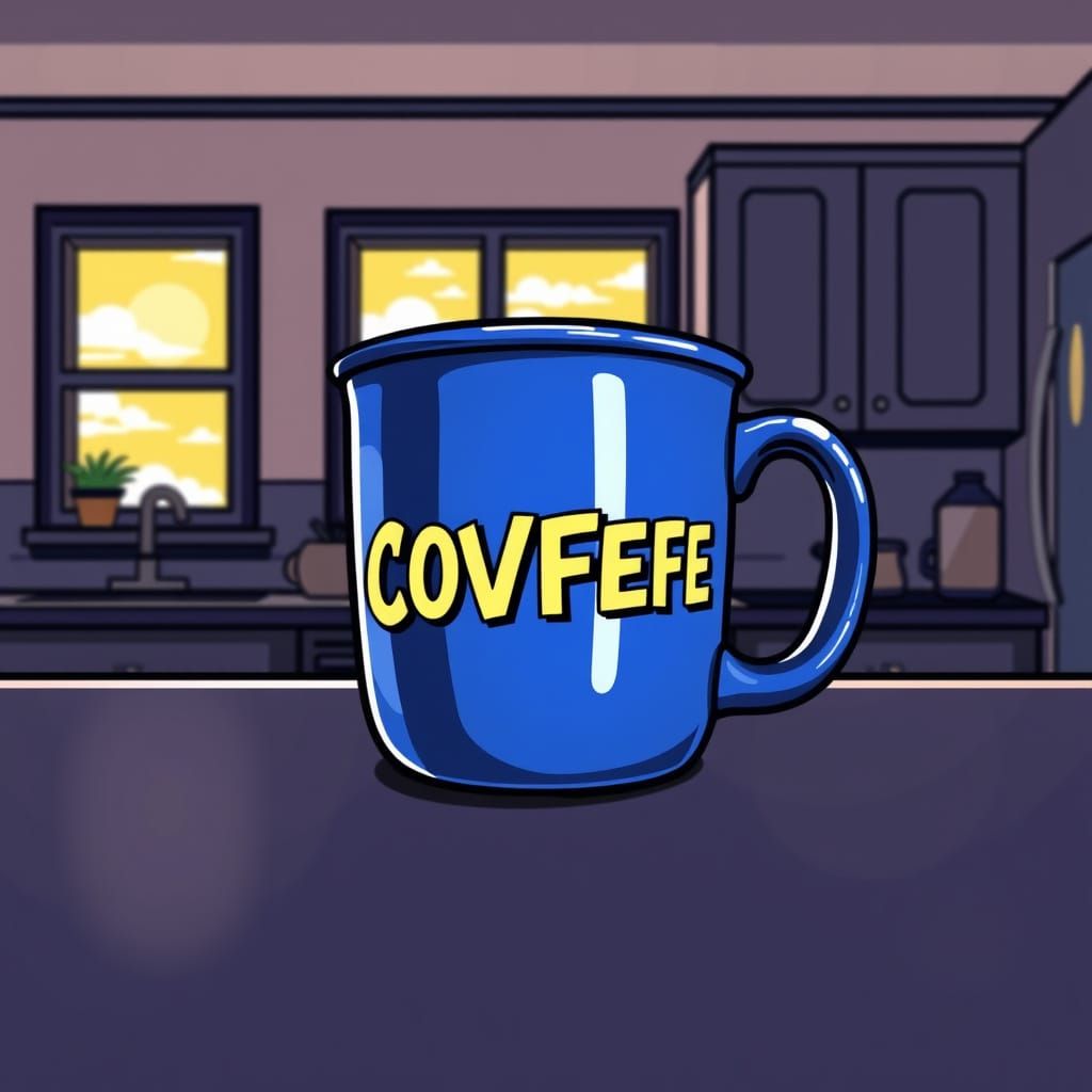 Stylized Cartoon Coffee Mug in Morning Kitchen Scene