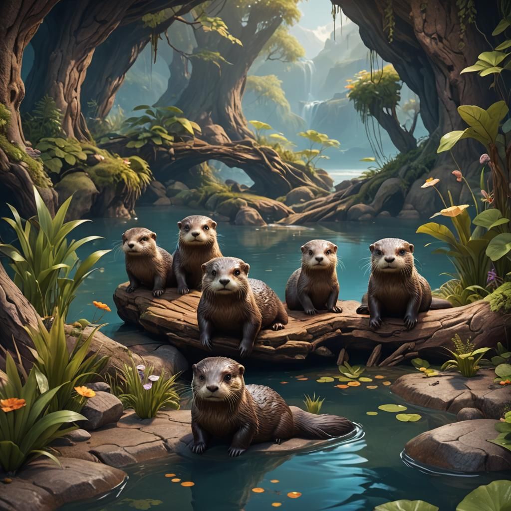 Cute Otters in Lakeside Den: Matte Painting