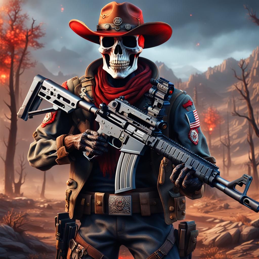 Skeleton Cowboy in Military Gear: Detailed Matte Painting