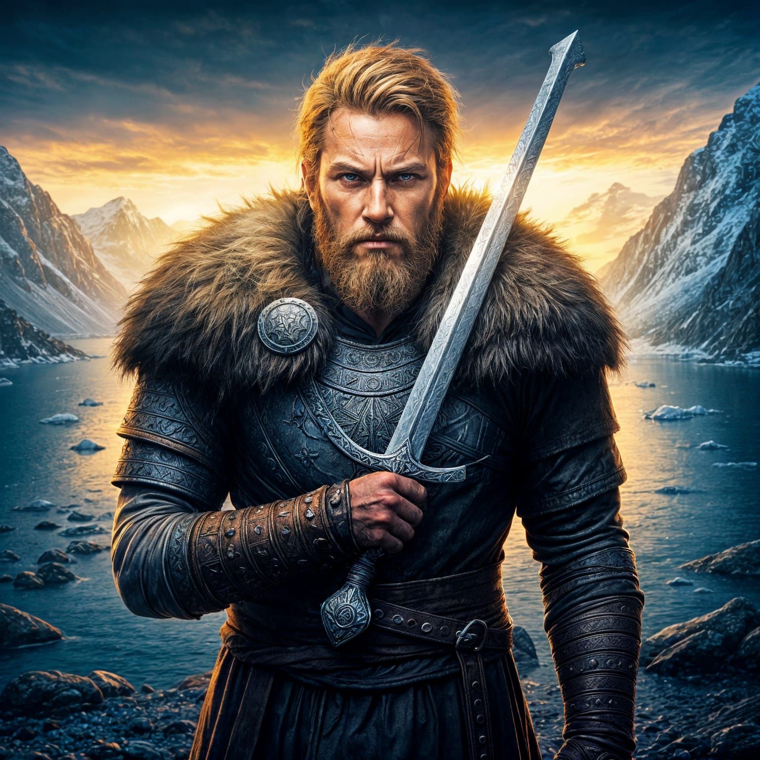Charismatic Warrior Stands Proud in Fjord Landscape