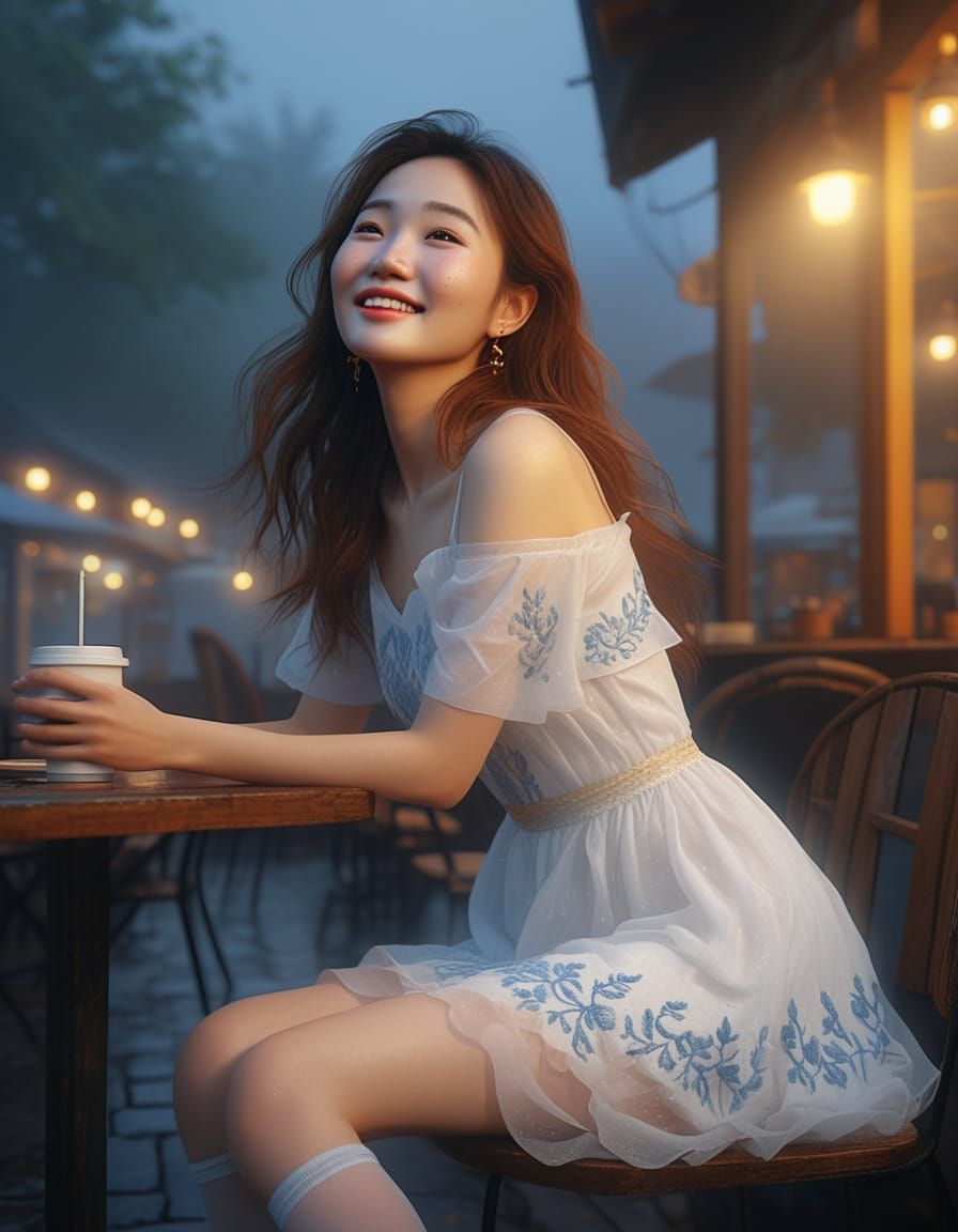 Korean Woman Smiling in Misty Cafe: Romantic Realism