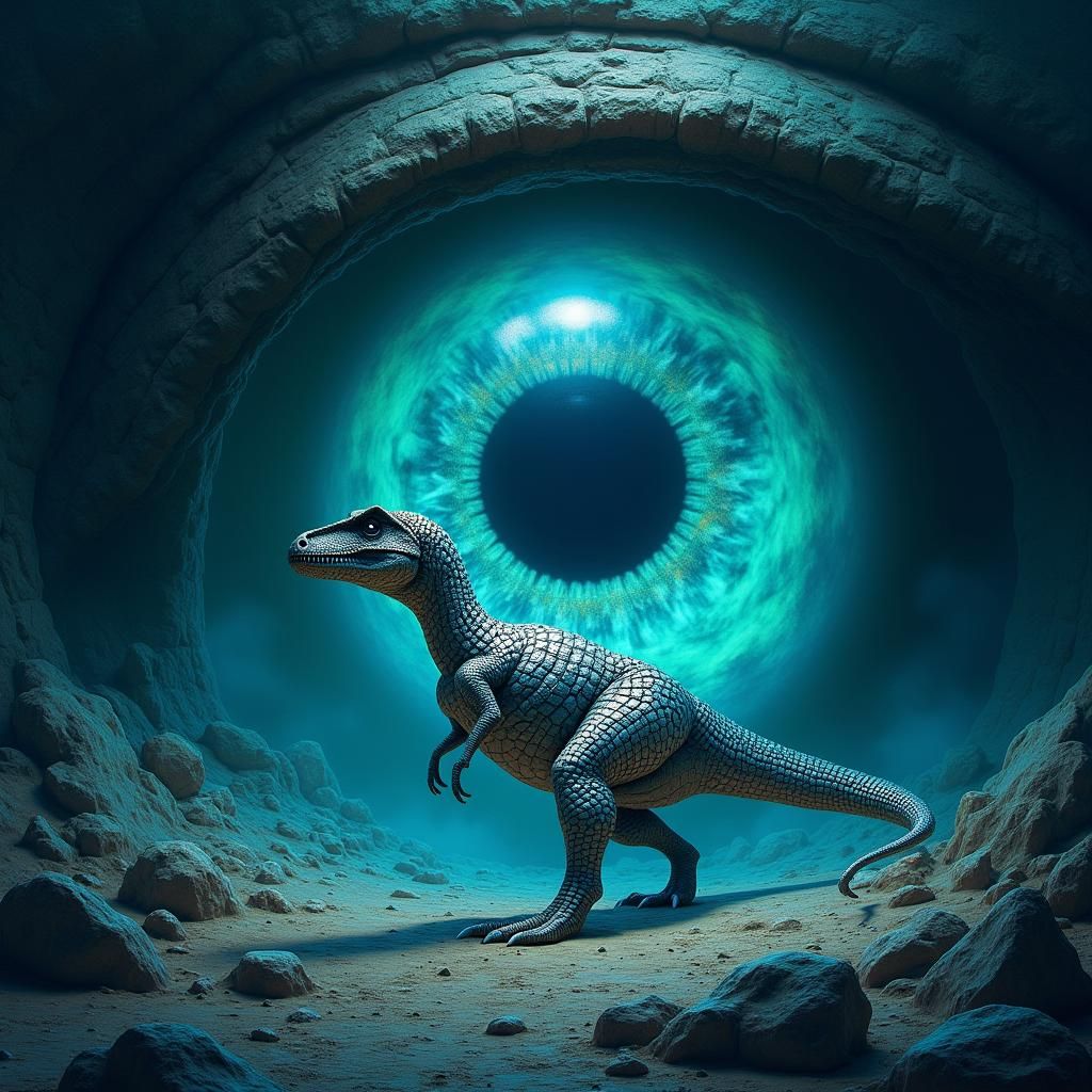 Colossal Eye and Chrome Dinosaur Digital Art