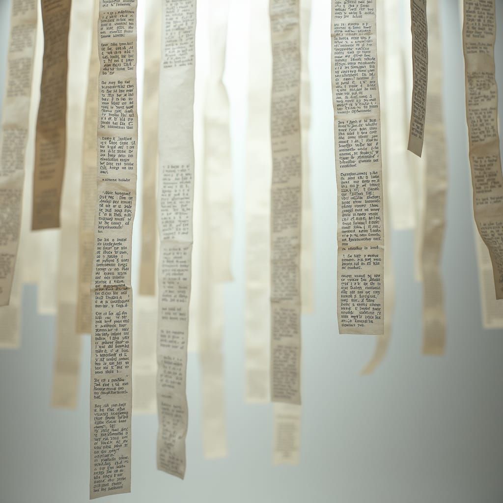 Ethereal Paper Strips with Text in Abstract Style