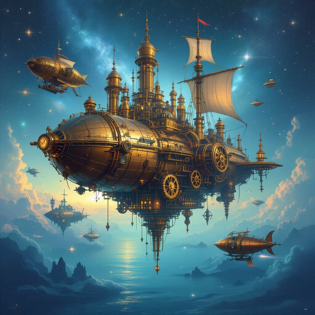 Steampunk Floating City Above Star Ocean