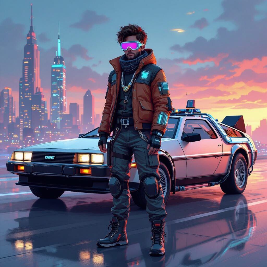 Futuristic Time Traveler in Vibrant Cityscape