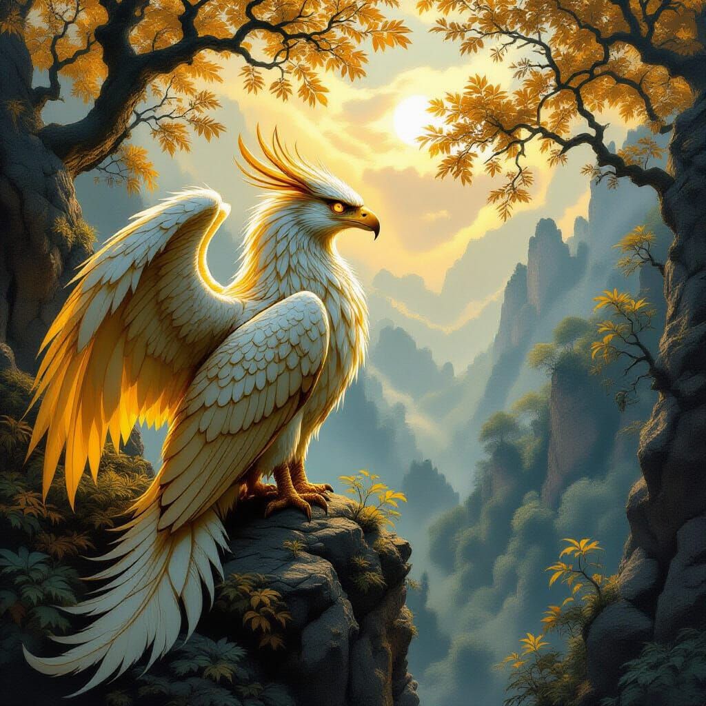 Golden Griffin Surveys Mystical Forest