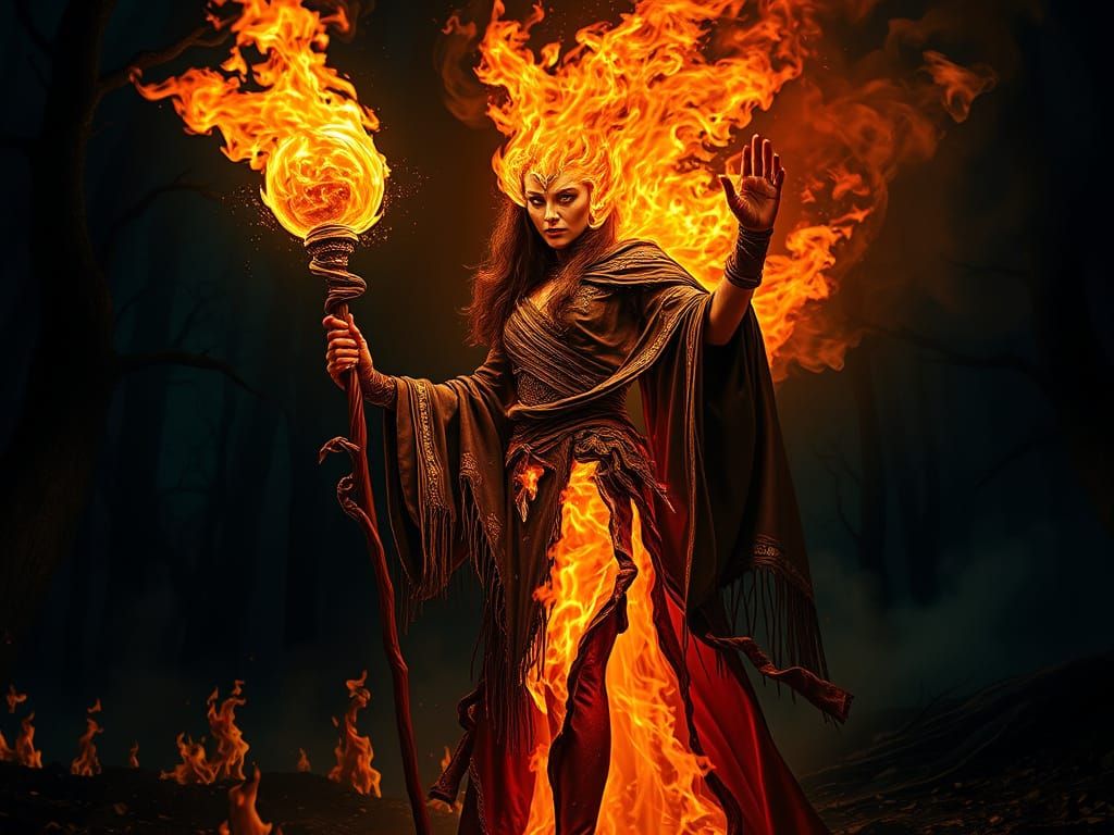 Fire Sorceress in Enchanted Forest, Cinematic Lighting