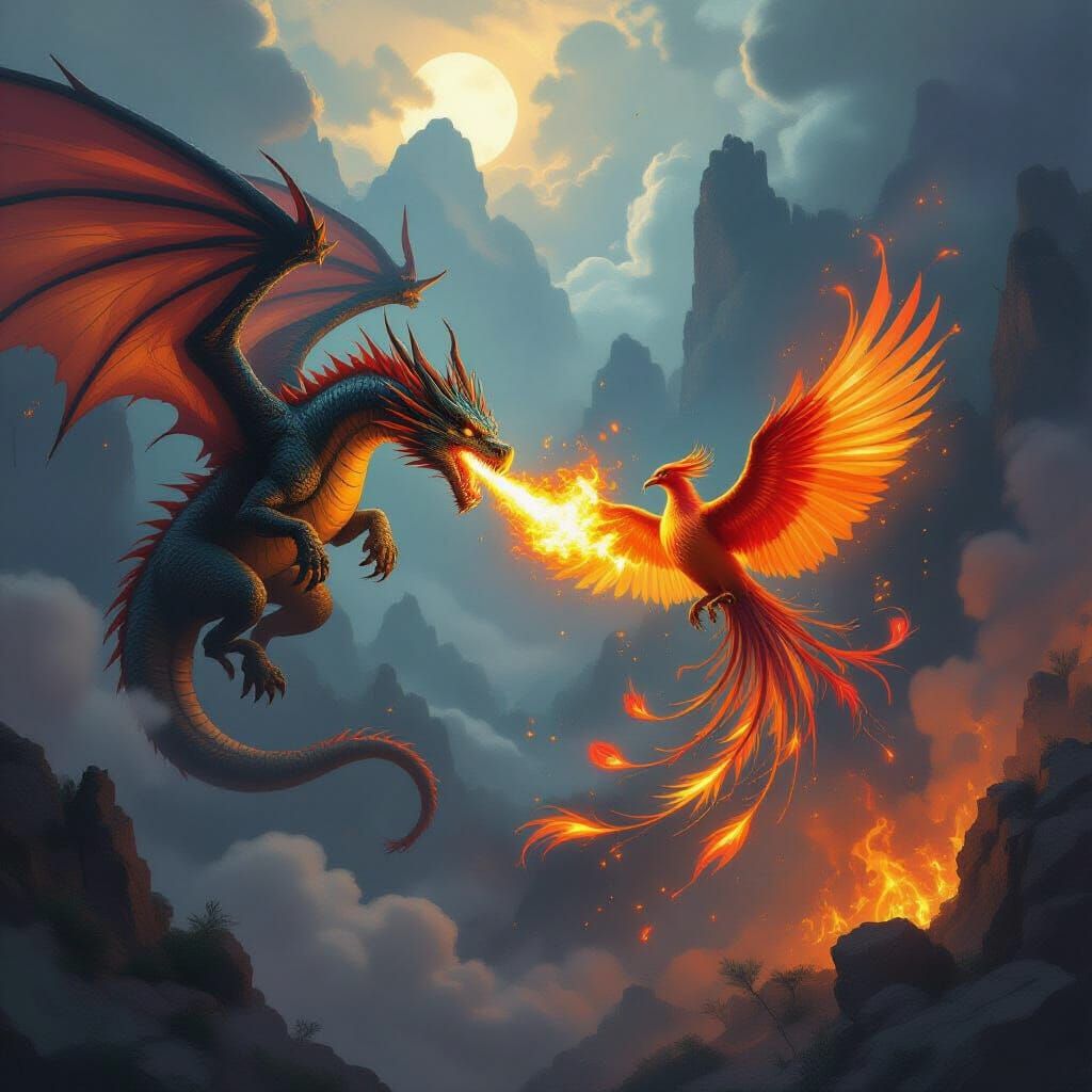 Epic Dragon and Phoenix Battle in Fantasy World
