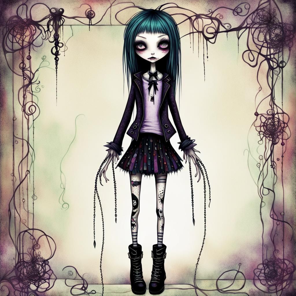 Creepy Stitch Punk Goth Girl in Storybook Style