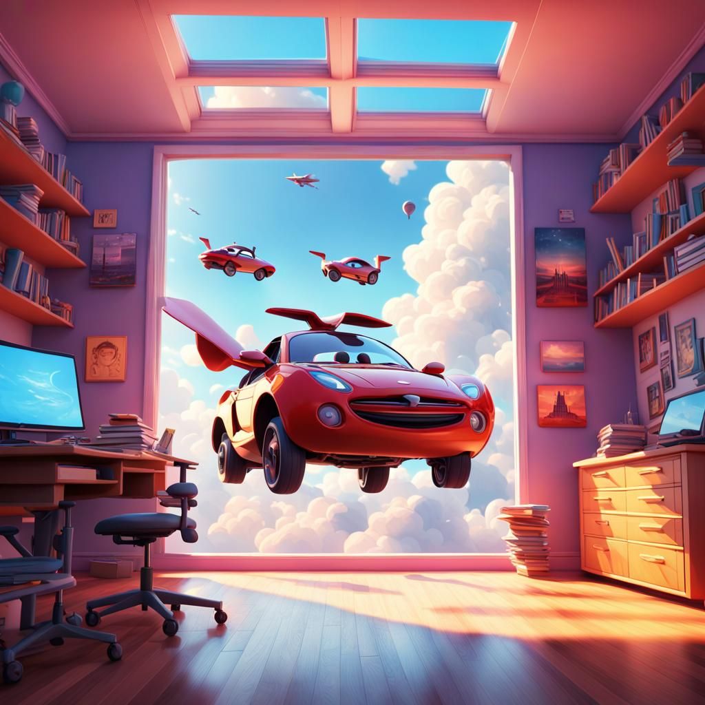 Teenager's Flying Car Escape: 3D Digital Art