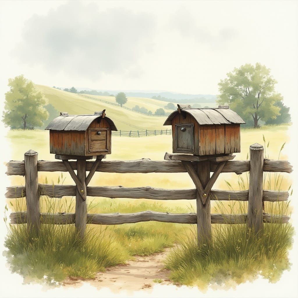 Rustic Mailboxes in Watercolor Farm Landscape