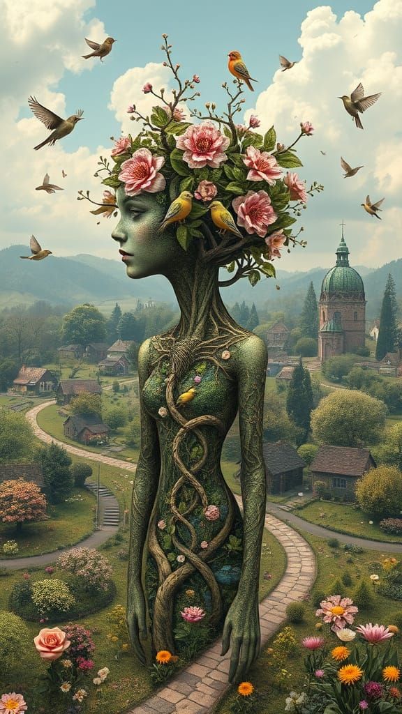 Surreal Woman Blooms as Tree Goddess in Enchanted Village