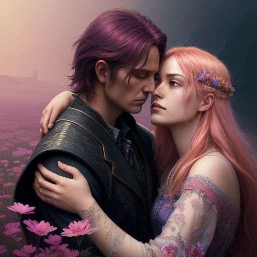 Fantasy Embrace in Meadow, Detailed Concept Art